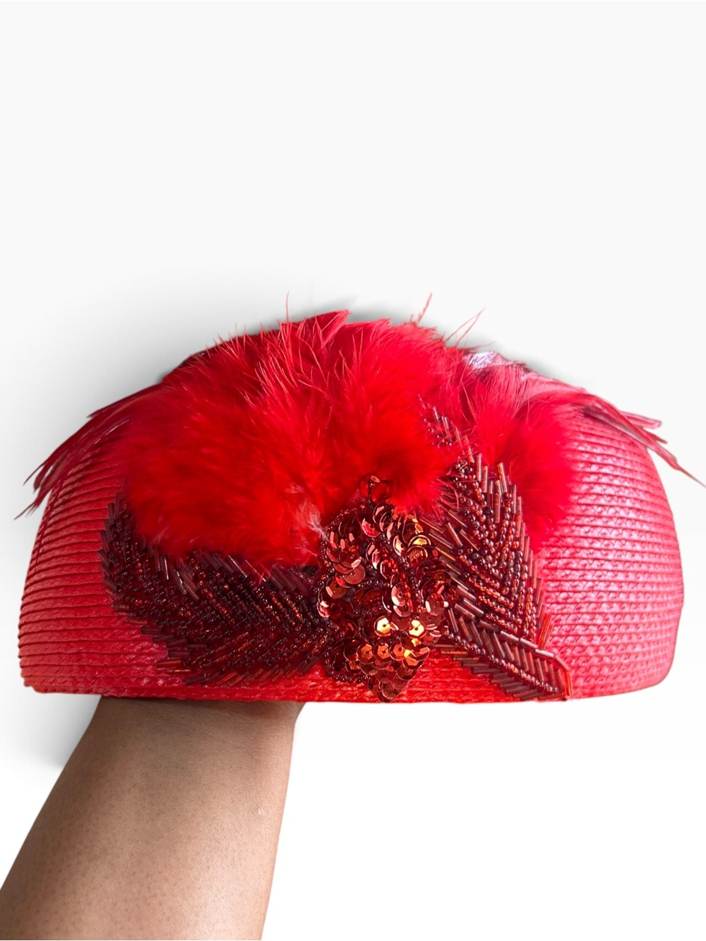 Vintage red pillbox hat with genuine feather, gems and sequin detail